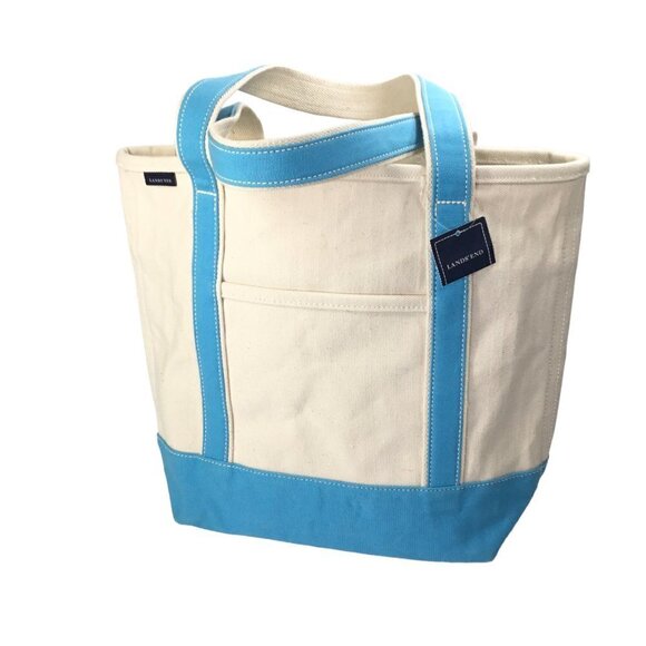 Lands End Canvas Tote NWT Embroidered Rainbow Open Top Natural Turquoise Medium - Picture 6 of 10